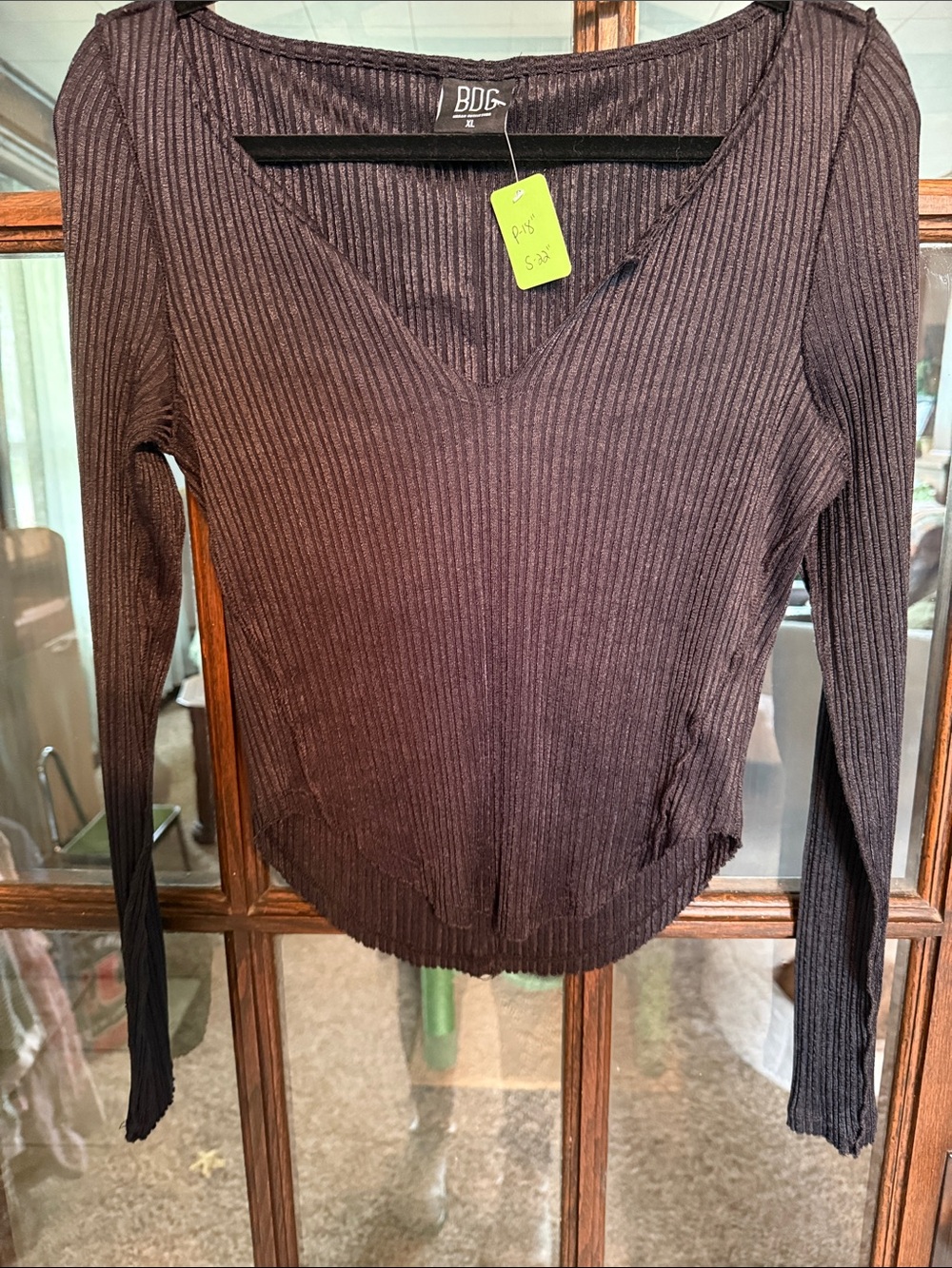 BDG Ribbed V-Neck Long Sleeve Top in Dark Brown